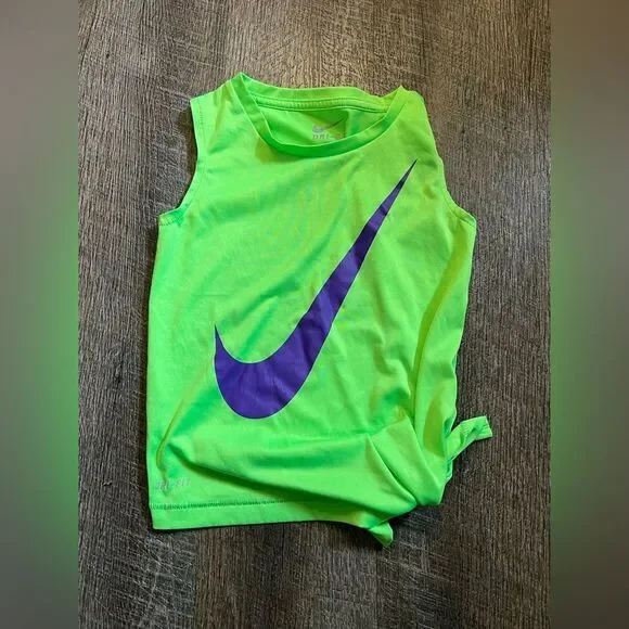 Nike Girls Dri-Fit Tank Top Neon Green Purple Swoosh Size 5/6 - Picture 6 of 8